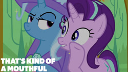 Size: 1280x720 | Tagged: safe, edit, edited screencap, editor:quoterific, imported from derpibooru, screencap, starlight glimmer, trixie, pony, unicorn, no second prances, season 6, brooch, cape, clothes, duo, female, hat, jewelry, mare, smiling, text, trixie's brooch, trixie's cape, trixie's hat, twilight's castle