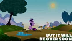 Size: 1280x720 | Tagged: safe, edit, edited screencap, editor:quoterific, imported from derpibooru, screencap, twilight sparkle, pony, unicorn, lesson zero, season 2, bench, female, mare, messy mane, solo, sun, text, unicorn twilight