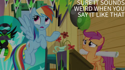 Size: 1280x720 | Tagged: safe, edit, edited screencap, editor:quoterific, imported from derpibooru, screencap, rainbow dash, scootaloo, pegasus, pony, season 8, the washouts (episode), balloon, clubhouse, crusaders clubhouse, duo, duo female, female, filly, flying, foal, frown, mare, open mouth, poster, smiling, spread wings, text, the washouts, wings