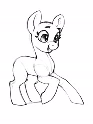 Size: 1535x2048 | Tagged: safe, artist:dimfann, imported from derpibooru, earth pony, pony, eyebrows, grayscale, looking at something, looking down, monochrome, no mane, no tail, open mouth, open smile, raised hoof, simple background, sketch, smiling, solo, standing, three quarter view, white background