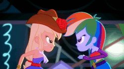 Size: 600x336 | Tagged: safe, imported from derpibooru, screencap, applejack, rainbow dash, human, eqg summertime shorts, equestria girls, raise this roof, animated, bare shoulders, belt, clothes, cowboy hat, cutie mark on clothes, dancing, duo, duo female, fall formal outfits, female, fingerless gloves, gif, gloves, hat, huh, looking at each other, looking at someone, open mouth, sleeveless, strapless, what the hay?