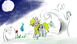 Size: 1360x782 | Tagged: safe, artist:igorbanette, imported from derpibooru, oc, oc:thorn darkness, pegasus, pony, clothes, eye mist, gravestone, moon, scarf, simple background, solo, tree, wisp