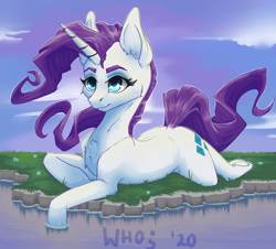 Size: 926x836 | Tagged: safe, artist:xzjeep, imported from derpibooru, rarity, pony, unicorn, ear fluff, female, grass, lying down, mare, prone, solo, water