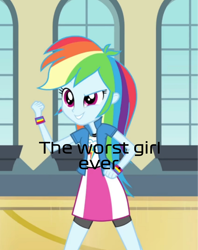 Size: 1520x1919 | Tagged: safe, edit, edited screencap, imported from derpibooru, screencap, rainbow dash, human, equestria girls, rainbow rocks, shake your tail, caption, cropped, female, grin, raised eyebrow, smiling, solo, text