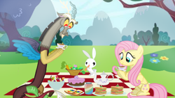 Size: 1280x720 | Tagged: safe, artist:mlplary6, imported from derpibooru, angel bunny, discord, fluttershy, draconequus, pegasus, pony, apple, apple slice, cake, carrot, cup, discoshy, female, food, jam, male, mare, picnic, picnic blanket, salad, sandwich, shipping, straight, teacup, teapot, zap apple, zap apple jam