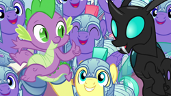 Size: 1280x720 | Tagged: safe, imported from derpibooru, screencap, spike, thorax, changeling, dragon, pegasus, pony, season 6, the times they are a changeling, armor, cheering, crystal guard, crystal guard armor, happy, male, royal guard, smiling, stallion