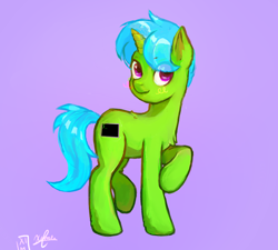 Size: 1150x1033 | Tagged: safe, artist:mishicheeto, imported from derpibooru, oc, oc only, oc:green byte, pony, unicorn, commission, full body, hooves, horn, male, purple background, raised hoof, raised leg, simple background, solo, stallion, standing, tail, unicorn oc, ych result