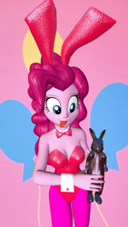 Size: 900x1600 | Tagged: safe, artist:oatmeal!, imported from derpibooru, pinkie pie, human, equestria girls, 3d, animal, bowtie, breasts, bunny ears, bunny suit, busty pinkie pie, candy, chocolate, chocolate bunny, cleavage, clothes, costume, cuffs (clothes), cutie mark, cutie mark background, easter, easter bunny, food, gmod, holiday, leotard, looking at something, pantyhose, playboy bunny, sexy, simple background, tongue out, wide eyes
