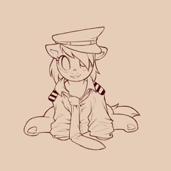 Size: 1200x1200 | Tagged: safe, artist:cold-blooded-twilight, imported from derpibooru, derpy hooves, pony, cap, clothes, cute, female, filly, foal, frog (hoof), hat, lineart, loose fitting clothes, monochrome, necktie, oversized clothes, pilot, pilot derpy, shirt, simple background, sitting, sketch, smiling, solo, underhoof