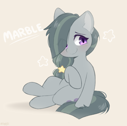 Size: 780x770 | Tagged: safe, artist:higgly-chan, imported from derpibooru, marble pie, earth pony, pony, alternate hairstyle, blushing, cream background, cute, ear fluff, eye clipping through hair, female, gray coat, grey hair, hair tie, marblebetes, mare, purple eyes, signature, simple background, sitting, smiling, solo, stars, weapons-grade cute
