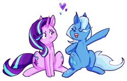 Size: 640x408 | Tagged: safe, artist:hakureiis, imported from derpibooru, starlight glimmer, trixie, pony, unicorn, duo, duo female, eye clipping through hair, eyebrows, eyes closed, female, heart, lesbian, mare, open mouth, open smile, shipping, simple background, sitting, smiling, startrix, transparent background