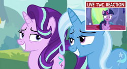 Size: 1236x678 | Tagged: safe, artist:bustedrocket, edit, edited screencap, imported from derpibooru, screencap, starlight glimmer, trixie, twilight sparkle, alicorn, pony, unicorn, no second prances, season 6, female, frown, grin, lesbian, live tucker reaction, meme, open mouth, raised hoof, reaction image, shipping, smiling, startrix, trio, trio female, twilight sparkle (alicorn)