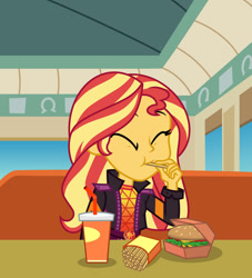 Size: 1024x1130 | Tagged: safe, artist:emeraldblast63, imported from derpibooru, sunset shimmer, human, equestria girls, burger, cup, drinking straw, eating, eyes closed, fast food, female, food, french fries, solo
