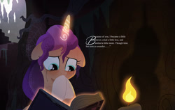 Size: 1920x1215 | Tagged: safe, artist:heavysplatter, imported from derpibooru, sunny starscout, alicorn, pony, artificial horn, bittersweet, book, candle, crying, friendship journal, g5, golden oaks library, my little pony: a new generation, race swap, reading, sad, spider web, sunnycorn