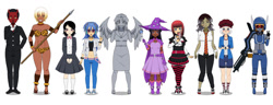 Size: 1600x616 | Tagged: safe, artist:kathara_khan, imported from derpibooru, dj pon-3, octavia melody, pinkie pie, twilight sparkle, vinyl scratch, human, arrow, belt, boots, clothes, dress, glasses, gloves, gun, hat, high heel boots, humanized, jeans, jewelry, kisekae, pants, sandals, shoes, shorts, skirt, socks, spear, suit, uniform, wand, weapon, wings