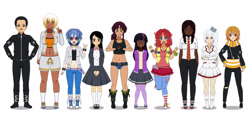 Size: 1400x657 | Tagged: safe, artist:kathara_khan, imported from derpibooru, dj pon-3, octavia melody, pinkie pie, twilight sparkle, vinyl scratch, human, belt, boots, bow, clothes, cowboy boots, dress, glasses, high heel boots, humanized, jacket, jeans, jewelry, kisekae, necktie, pants, shirt, shoes, shorts, simple background, skirt, socks, suit, t-shirt, transparent background, vest, white background