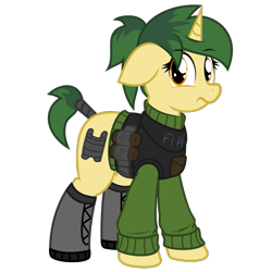 Size: 787x787 | Tagged: safe, artist:coatieyay, imported from derpibooru, oc, oc:flack, unicorn, boots, bulletproof vest, clothes, floppy ears, ponytail, shoes, simple background, solo, sweater, transparent background