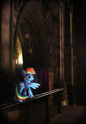 Size: 567x816 | Tagged: safe, alternate version, artist:twodeepony, imported from derpibooru, rainbow dash, pegasus, pony, animated, animated png, cathedral, cinemagraph, female, flickering lights, irl, mare, photo, ponies in real life, railing, solo