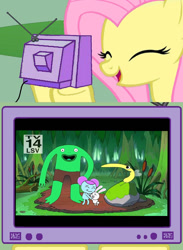 Size: 563x771 | Tagged: safe, edit, edited screencap, imported from derpibooru, screencap, fluttershy, pegasus, pony, 2 panel comic, comic, crossover, exploitable meme, fs doesn't know what she's getting into, green background, meme, obligatory pony, pibby, simple background, smiling friends, television, tv meme