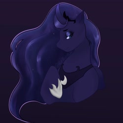 Size: 3500x3500 | Tagged: safe, artist:notthatmoth, imported from derpibooru, princess luna, alicorn, pony, bust, female, lidded eyes, mare, portrait, raised hoof, signature, simple background, smiling, solo