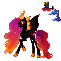 Size: 3464x3464 | Tagged: safe, artist:queenzodiac, artist:vernorexia, imported from derpibooru, nightmare moon, princess luna, oc, unnamed oc, alicorn, pony, base used, black coat, colored eyelashes, demon horns, evil, evil grin, fire, fusion, gradient mane, grin, horns, mane of fire, princess, red eyes, red sclera, requested art, simple background, smiling, solo, spread wings, transparent background, webkinz, webkinz night mare, wings