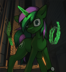 Size: 1750x1919 | Tagged: safe, artist:marsminer, imported from derpibooru, part of a set, oc, oc only, oc:fine point, pony, unicorn, alley, barbed wire, glowing, glowing horn, horn, knife, male, solo, stallion, trowel, unicorn oc, watch