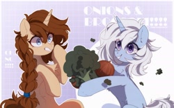 Size: 2400x1500 | Tagged: safe, artist:whiteliar, imported from derpibooru, oc, oc only, oc:eula phi, oc:virginia, pony, unicorn, annoyed, broccoli, duo, female, food, mare, onion, smiling