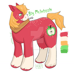 Size: 1280x1280 | Tagged: safe, artist:cricket-soup, imported from derpibooru, big macintosh, earth pony, pony, big macintosh's yoke, body freckles, coat markings, color palette, freckles, horse collar, male, signature, simple background, socks (coat markings), solo, stallion, white background