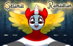 Size: 1438x912 | Tagged: safe, artist:tialtri, imported from derpibooru, oc, oc:sinar bulan indonesia, alicorn, pony, alicorn wings, camera shot, crescent moon, cute, daaaaaaaaaaaw, female, hijab, horn, indonesia, islam, looking at you, mare, moon, night, ocbetes, open mouth, smiling, smiling at you, solo, stars, wings