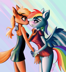 Size: 1182x1280 | Tagged: safe, artist:holy-sorrows, imported from derpibooru, applejack, rainbow dash, anthro, earth pony, pegasus, appledash, blushing, clothes, female, lesbian, nightgown, no pants, pajamas, shipping, shirt