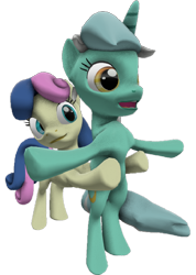 Size: 512x720 | Tagged: safe, artist:topsangtheman, imported from derpibooru, bon bon, lyra heartstrings, sweetie drops, earth pony, pony, unicorn, 3d, female, lesbian, lyrabon, shipping, simple background, titanic, transparent background