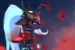 Size: 1280x854 | Tagged: safe, artist:xzjeep, imported from derpibooru, princess luna, alicorn, pony, alternate hairstyle, armor, bust, fangs, floppy ears, helmet, horn guard (armor), nose wrinkle, profile, solo