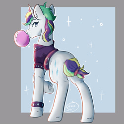 Size: 3000x3000 | Tagged: safe, artist:galaxiastar1, imported from derpibooru, rarity, pony, unicorn, alternate hairstyle, bubblegum, female, food, gum, looking at you, looking back, looking back at you, mare, passepartout, punk, raised hoof, raripunk, rear view, short mane, short tail, solo, tail