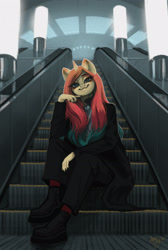 Size: 2088x3104 | Tagged: safe, artist:amishy, imported from derpibooru, oc, oc only, oc:sheron, anthro, plantigrade anthro, unicorn, escalator, female, hand on chin, high res, looking at you, mare, sitting, smiling, smiling at you, solo