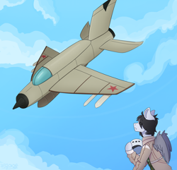 Size: 1810x1744 | Tagged: safe, artist:y32010g, imported from derpibooru, oc, oc only, oc:commissar junior, pegasus, clothes, helmet, mig-21, military uniform, uniform