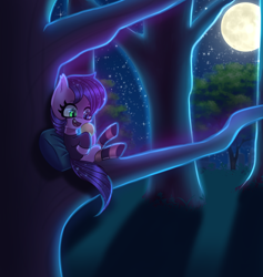 Size: 2880x3040 | Tagged: safe, artist:opal_radiance, imported from derpibooru, oc, oc only, bat pony, pony, bat pony oc, clothes, fruit, heterochromia, high res, moon, night, oc name needed, open mouth, open smile, sitting, sitting in a tree, smiling, socks, solo, striped socks, tree, tree branch