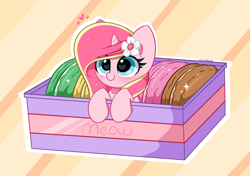 Size: 6392x4496 | Tagged: safe, artist:kittyrosie, imported from derpibooru, oc, oc only, oc:rosa flame, pony, unicorn, absurd resolution, cute, food, heart eyes, horn, macaron, micro, ocbetes, ponies in food, solo, unicorn oc, wingding eyes