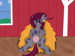 Size: 6000x4500 | Tagged: safe, artist:vespermoon, imported from derpibooru, oc, oc only, oc:vesper moon, bat pony, cow, cow pony, barn, confused, cowified, ear tag, embarrassed, hay, horns, implied transformation, moo, species swap, udder