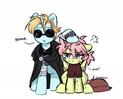 Size: 2343x1883 | Tagged: safe, artist:cottonsweets, imported from derpibooru, pegasus, pony, unicorn, bandaid, cloak, clothes, duo, glasses, horn, looking at someone, raised hoof, simple background, sunglasses, watch, white background, wings