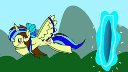 Size: 1920x1080 | Tagged: safe, artist:platinumdrop, imported from derpibooru, oc, oc only, oc:epsi pep power, alicorn, female, flying, lore, mare, portal, request, solo