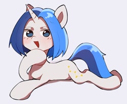 Size: 901x737 | Tagged: safe, artist:cherrnichka, imported from derpibooru, oc, oc only, pony, unicorn, female, horn, looking at you, lying down, mare, open mouth, prone, simple background, solo, white background