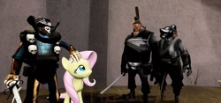 Size: 1280x600 | Tagged: safe, artist:th3m4nw1thn0n4m3, imported from derpibooru, fluttershy, human, pegasus, pony, 3d, demoman, female, hand on head, hat, heavy weapons guy, helmet, katana, male, mare, pyro, skull, source filmmaker, sword, team fortress 2, top hat, weapon