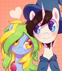 Size: 1536x1757 | Tagged: safe, artist:cherrnichka, imported from derpibooru, oc, oc only, pony, unicorn, bust, clothes, commission, duo, female, grid, hat, headphones, heart, horn, looking at each other, looking at someone, male, mare, oc x oc, shipping, smiling, smiling at each other, stallion, straight