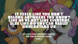 Size: 1280x720 | Tagged: safe, edit, editor:quoterific, idw, imported from derpibooru, apple bloom, discord, scootaloo, sweetie belle, draconequus, earth pony, pegasus, pony, unicorn, friends forever, spoiler:comic, apple bloom's bow, bow, cutie mark crusaders, female, filly, foal, hair bow, male, offscreen character, text, trio