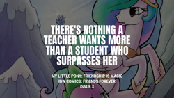 Size: 1280x720 | Tagged: safe, edit, editor:quoterific, idw, imported from derpibooru, princess celestia, spike, alicorn, dragon, pony, friends forever, spoiler:comic, crown, duo, female, jewelry, male, mare, open mouth, regalia, text