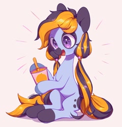 Size: 1737x1807 | Tagged: safe, artist:cherrnichka, imported from derpibooru, oc, oc only, earth pony, pony, emanata, food, hoof hold, ice cream, looking at something, open mouth, orange, simple background, spoon