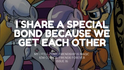 Size: 1280x720 | Tagged: safe, edit, editor:quoterific, idw, imported from derpibooru, diamond tiara, prancy drew, silver spoon, earth pony, pony, friends forever, spoiler:comic, female, filly, foal, open mouth, open smile, smiling, text, trio