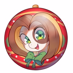 Size: 2500x2500 | Tagged: safe, artist:cherrnichka, imported from derpibooru, oc, oc only, pony, bowtie, christmas ornament, decoration, female, looking at you, mare, open mouth, open smile, simple background, smiling, smiling at you, solo, white background