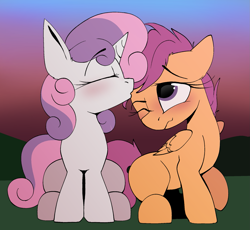 Size: 1967x1809 | Tagged: safe, artist:luxsimx, imported from derpibooru, scootaloo, sweetie belle, pegasus, pony, unicorn, cute, cutealoo, diasweetes, duo, duo female, female, filly, foal, grass, grass field, horn, lesbian, looking at you, scootabelle, shipping, sky, wings