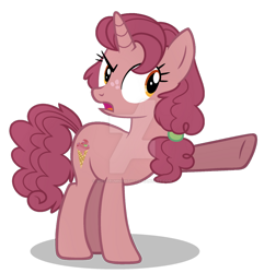 Size: 1024x1061 | Tagged: safe, artist:spectrumnightyt, imported from derpibooru, oc, oc only, oc:raspberry ripple, pony, unicorn, base used, deviantart watermark, female, freckles, full body, hooves, horn, mare, obtrusive watermark, offspring, open mouth, parent:big macintosh, parent:sugar belle, parents:sugarmac, pointing, shadow, simple background, solo, standing, tail, transparent background, unicorn oc, watermark